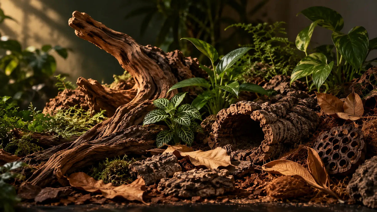 Terrarium naturel et bioactif avec plantes, racines et substrat